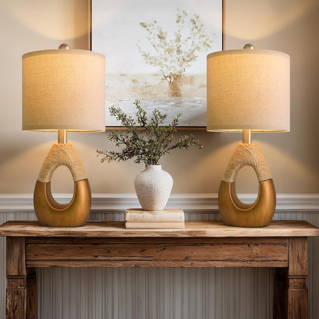 OYEARS 19" Table Lamps Set of 2, Boho Lamps for Living Room, Rustic Bedside Lamps for Bedroom, Farmhouse Rattan Table Lamp, Small Space…