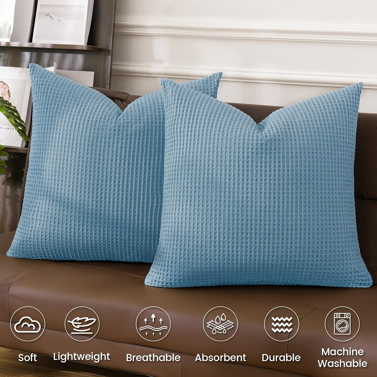 Phf 100% Cotton Waffle Weave Throw Pillow Cover, 22" x 22", No Filling, 2 Pack Elegant Home Decorative Square Throw Pillow Covers for Bed C…