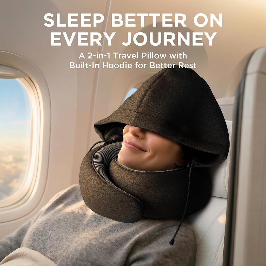 Dot&Dot Travel Pillow Neck Pillow with Hood for Airplane Sleeping, Memory Foam Pillow with Chin Support, Detachable Hoodie, Washable…