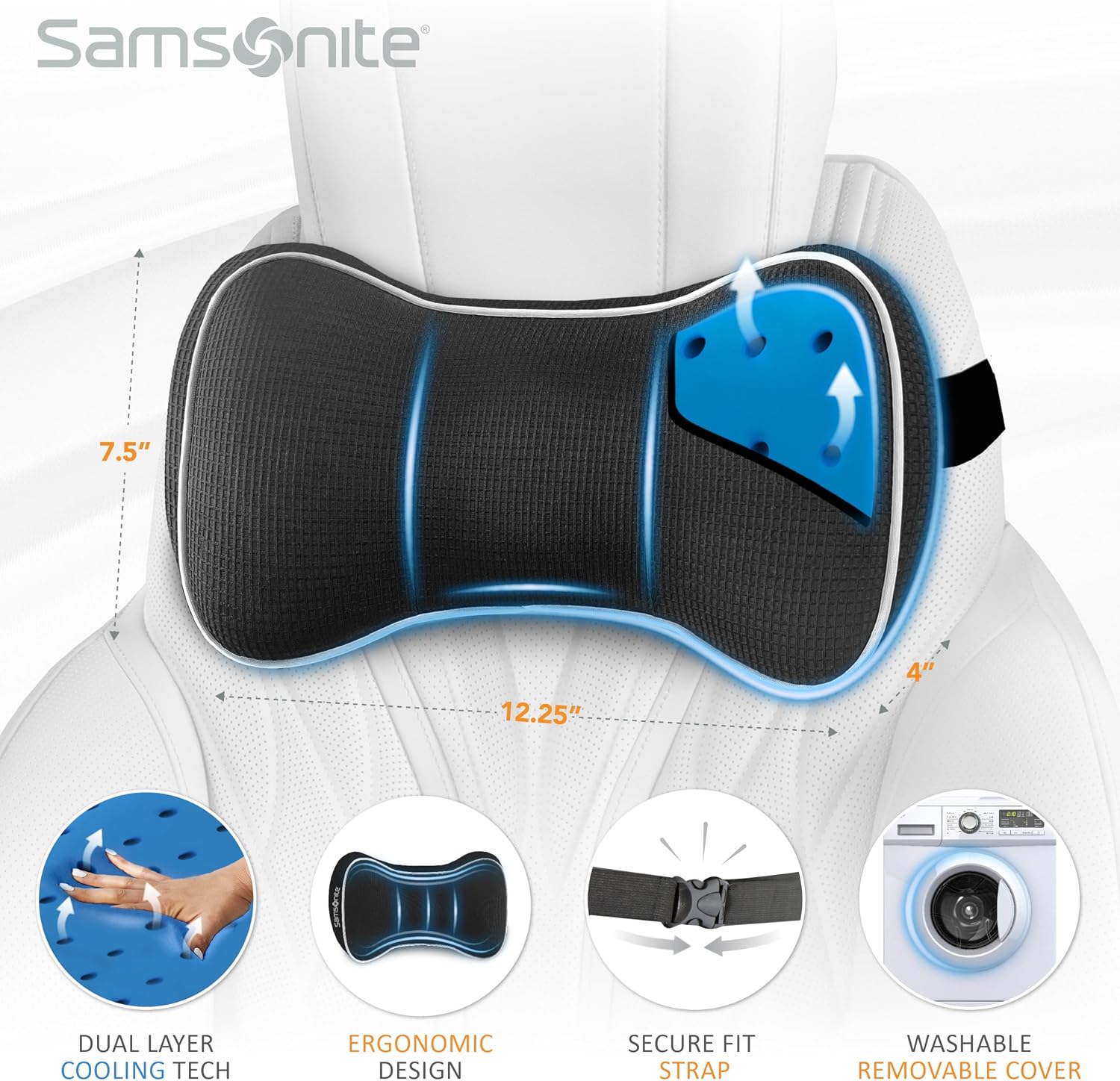 SAMSONITE, Infused-Gel Car Neck Pillow with Airflow Memory Foam, Headrest Support Cushion for Driving, Universal - Fits Any Vehicle…