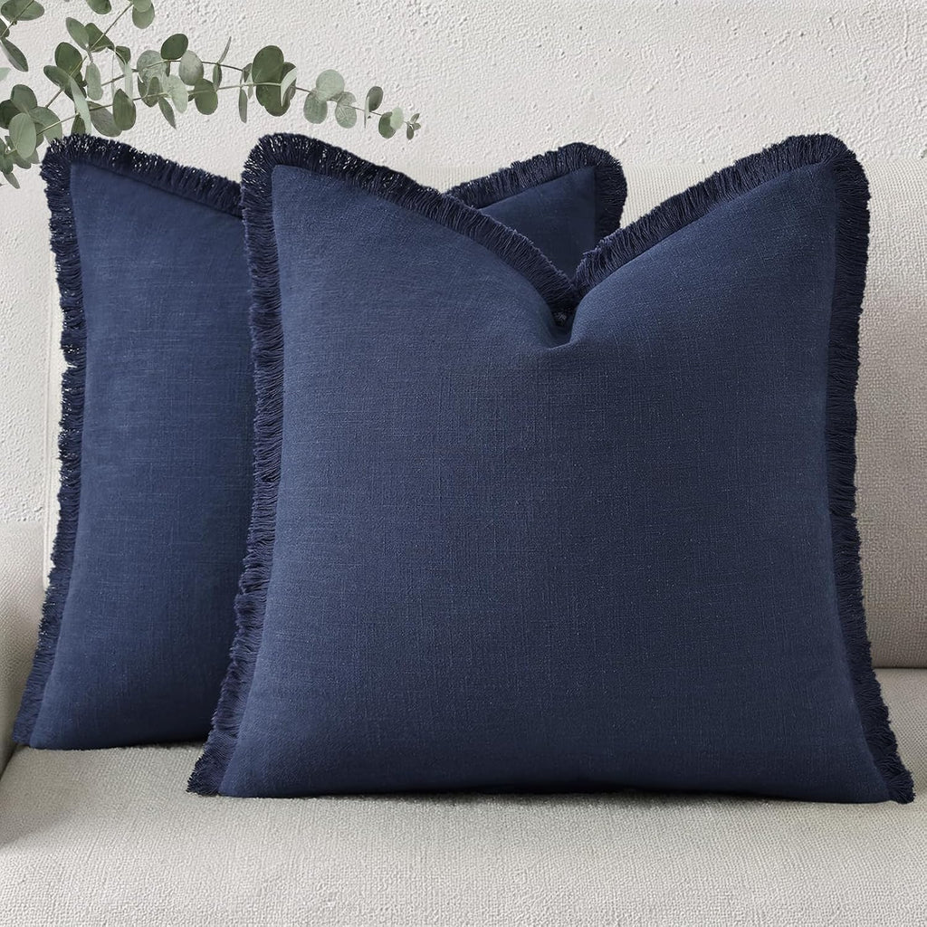 decorUhome Summer Decorative Neutral Linen Fringe Throw Pillow Covers Set of 2 Navy Blue Pillow Covers with Tassels Soft Farmhouse Boho Acc…