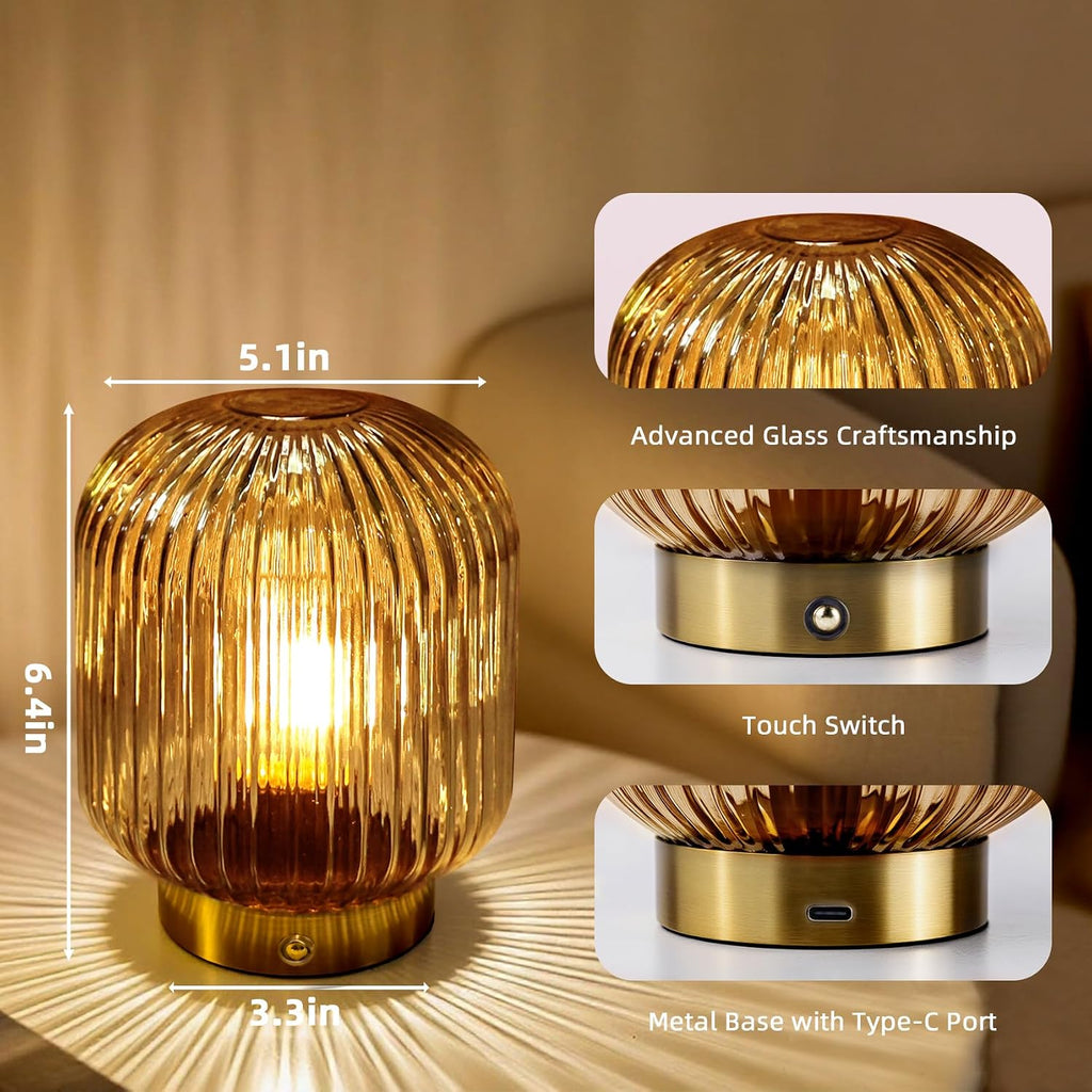 MJ PREMIER Rechargeable Table Lamp, Yellow Glass Lamp with Memory Function, Small Cordless LED Lamp with Dimmable Brightness, Decorative…