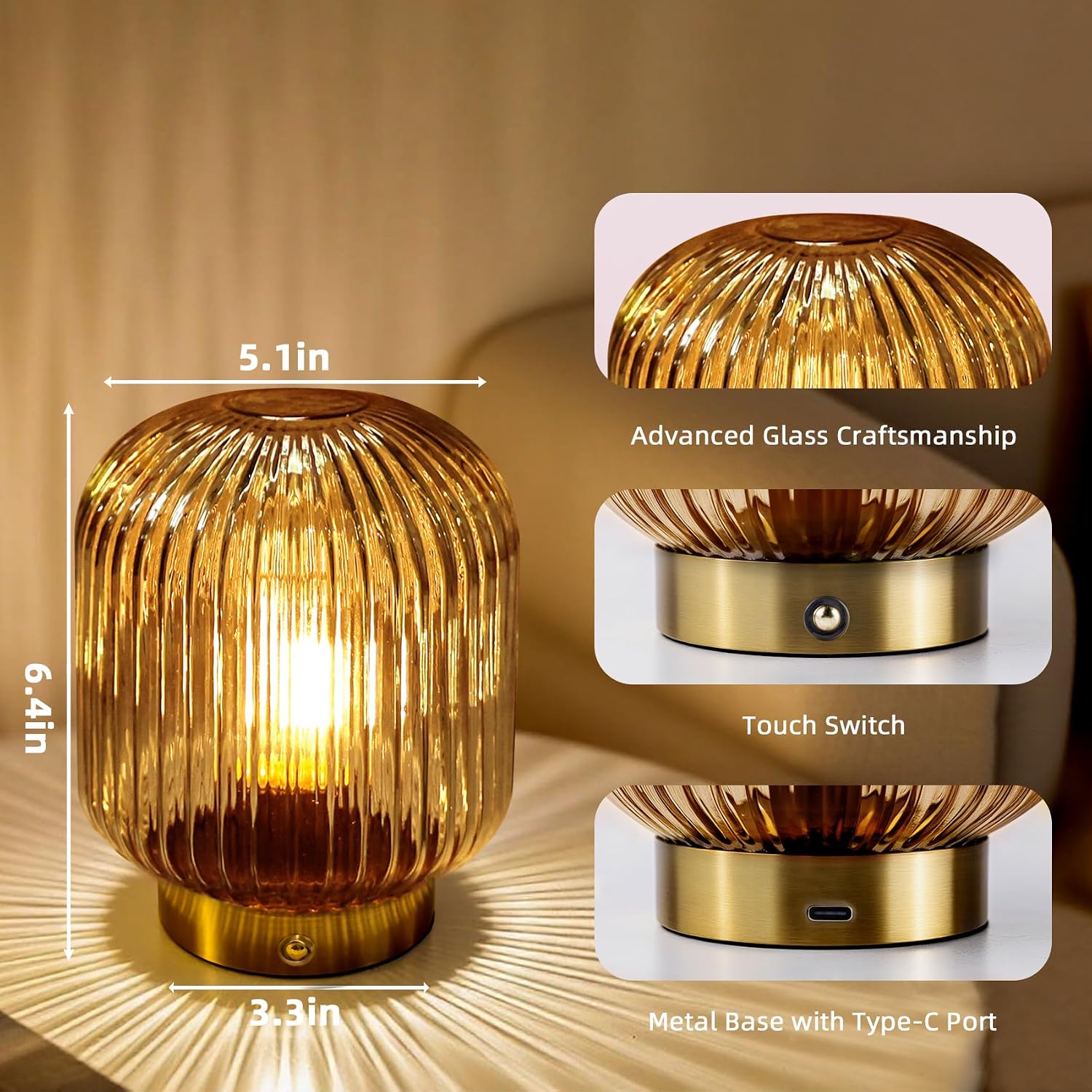 MJ PREMIER Rechargeable Table Lamp, Yellow Glass Lamp with Memory Function, Small Cordless LED Lamp with Dimmable Brightness, Decorative…