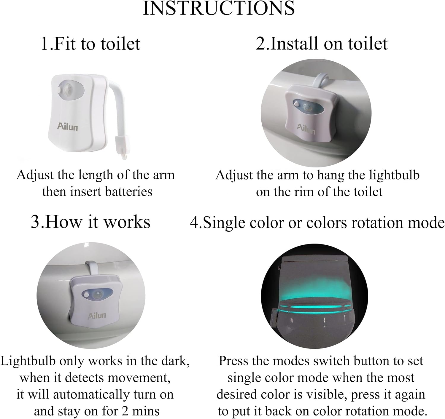 Ailun Toilet Night Light 3Pack Motion Activated LED Light 8 Colors Changing Toilet Bowl Illuminate Nightlight for Bathroom Battery Not…