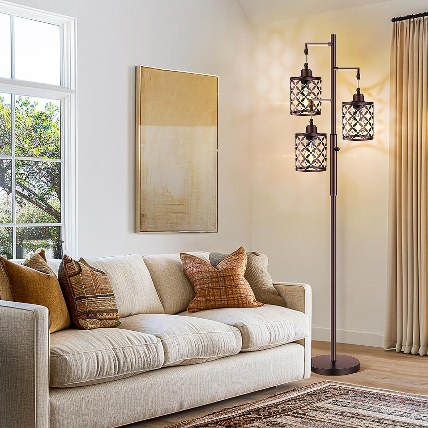 Dimmable Floor Lamp, Farmhouse Standing Lamp with Elegant Metal Cage, Industrial Tall Tree Floor Lamps for Living Room, Bedroom, Study…