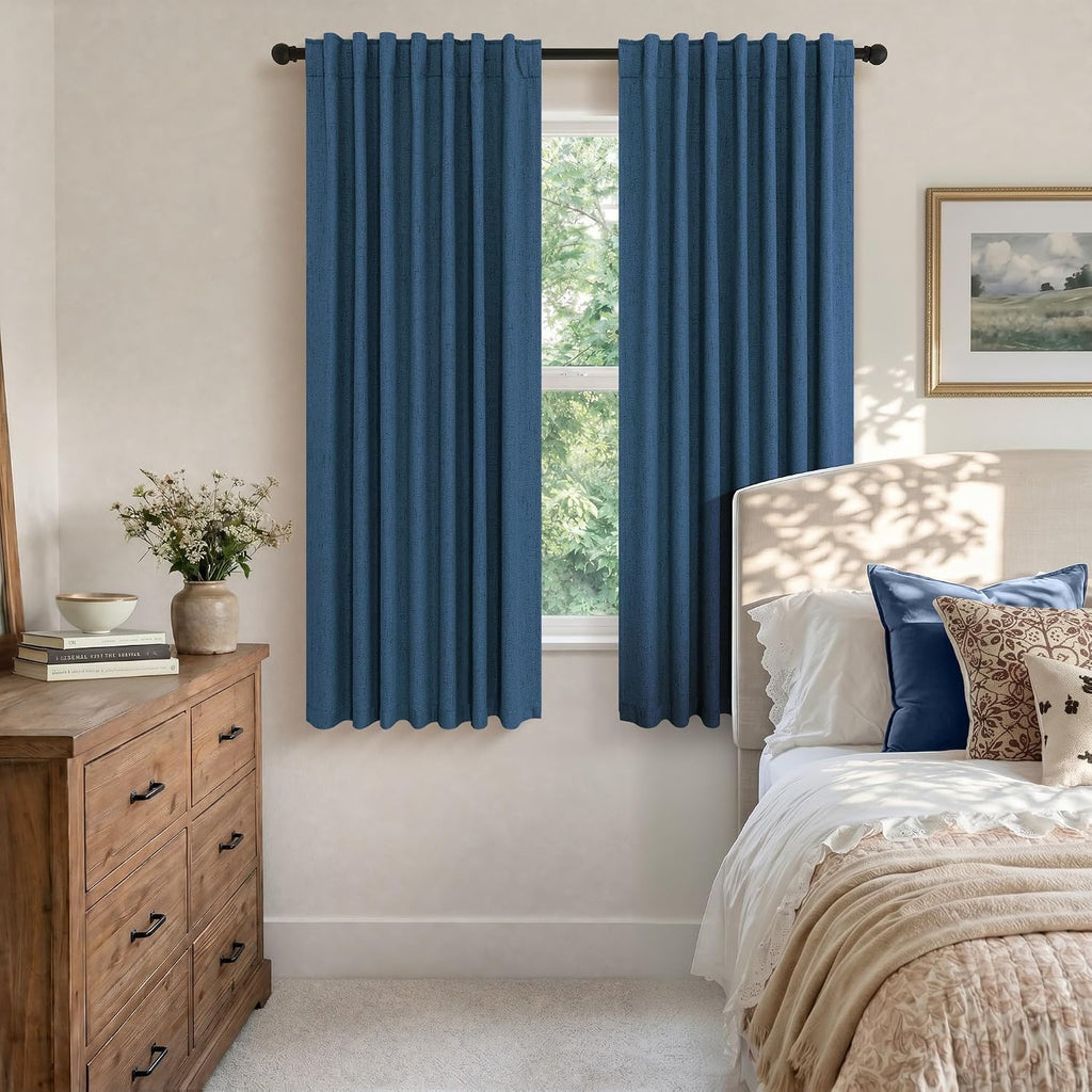 Pitalk Navy Blue Black Out Curtains 63 Inch Long 2 Panel Burg Linen Textured Thermal Insulated Total Blackout Window Shades Soundproof Dark…