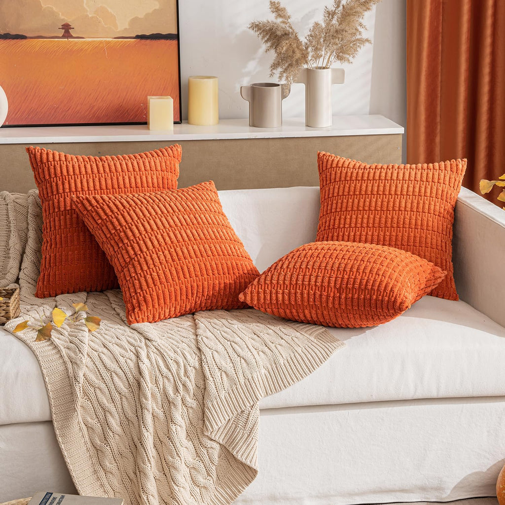 Miulee Pack of 2 Orange Corduroy Decorative Pillow Covers 18x18 Inch Soft Boho Striped Throw Pillow Covers Modern Farmhouse Home Decor for…