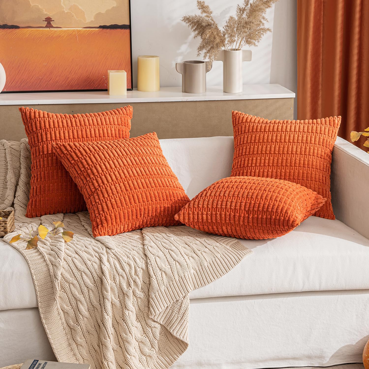 Miulee Pack of 2 Orange Corduroy Decorative Pillow Covers 16x16 Inch Soft Boho Striped Throw Pillow Covers Modern Farmhouse Home Decor for…