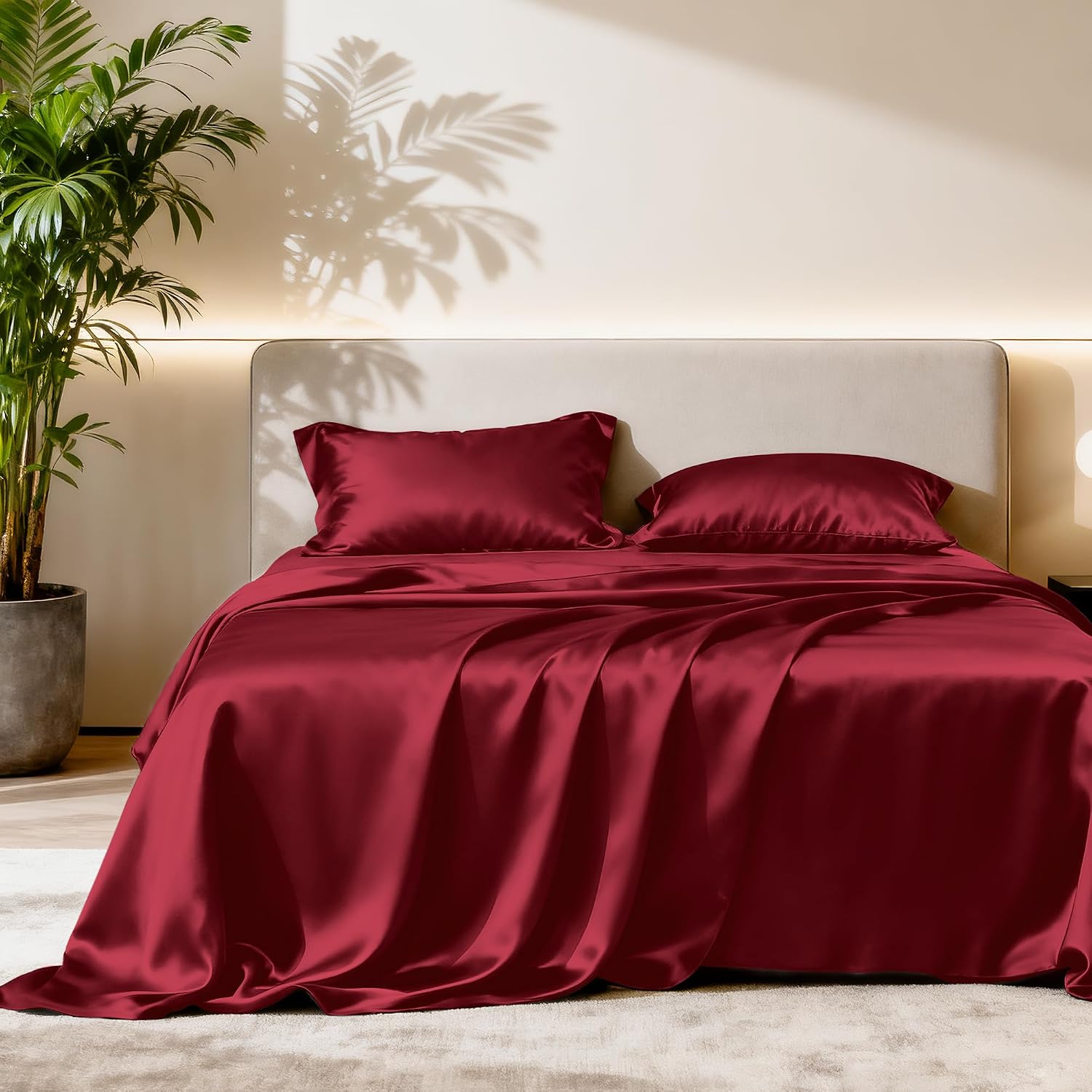 Lovescabin Love's cabin 4Piece California King Satin Bed Linen Set, Burgundy Silky Satin Sheets, Deep Pocket, Luxury Silk Feel, 1 Flat, 1 F…