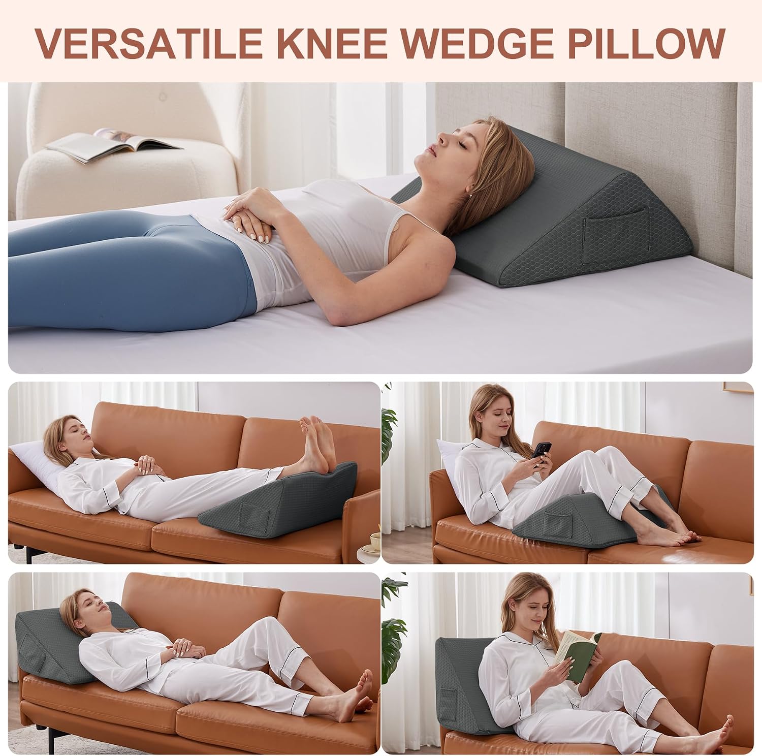 Bedluxe Knee Wedge Pillow, Memory Foam Leg Pillow Knee Pillow for Back Sleeping, Wedge Pillows for Legs Post Surgery, Triangle Pillow for K…