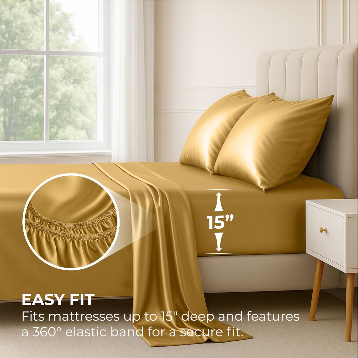 PureBedding Satin Sheets California King [4-Piece, Gold] Luxury Silky Bed Sheets - Extra Soft 1800 Microfiber Sheet Set, Wrinkle, Fade, Sta…