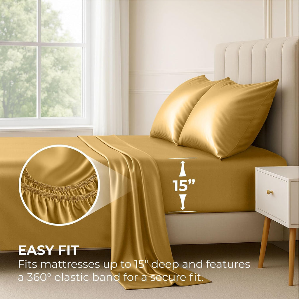 PureBedding Satin Sheets Twin [3-Piece, Gold] Hotel Luxury Silky Bed Sheets - Extra Soft 1800 Microfiber Sheet Set, Wrinkle, Fade, Stain Re…