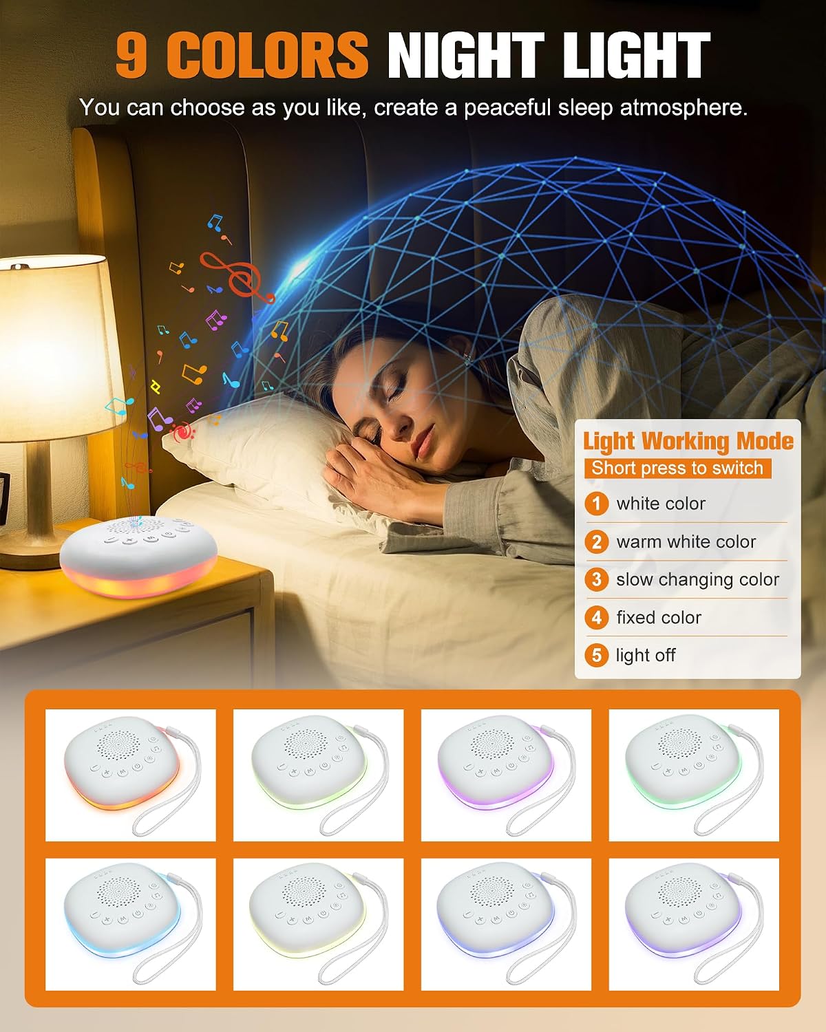 White Noise Sound Machine for Sleep - Portable Sound Machine, 20 Soothing Sounds 9-Color Night Light 30 Volume Levels 4 Timer Options…