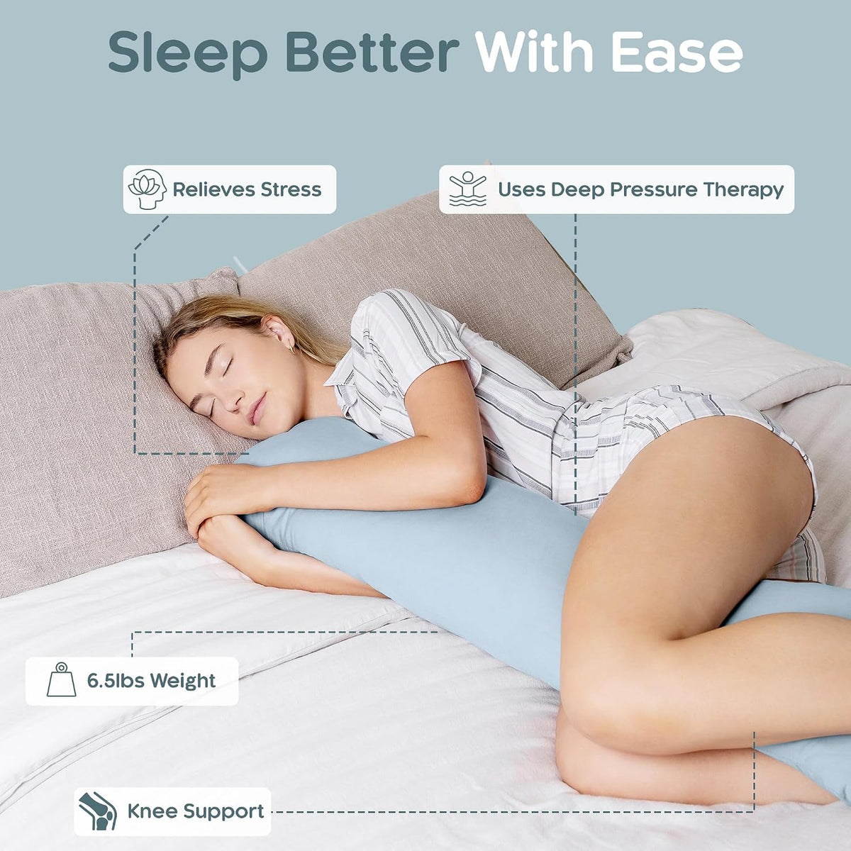 SleepCloud Weighted Body Pillow 6.5lbs - Weighted Pillow for Deeper Sleep (41” x 10”) - Cooling Body Pillows for Adults, Side Sleeper…