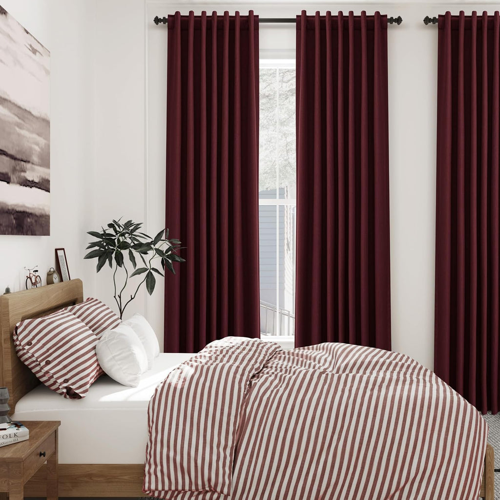 Nanspring Burgundy 100% Blackout Linen Curtains for Bedroom 90 Inches Long Back Tab Thermal Insulated Vintage Rustic Decor Black Out Curtai…
