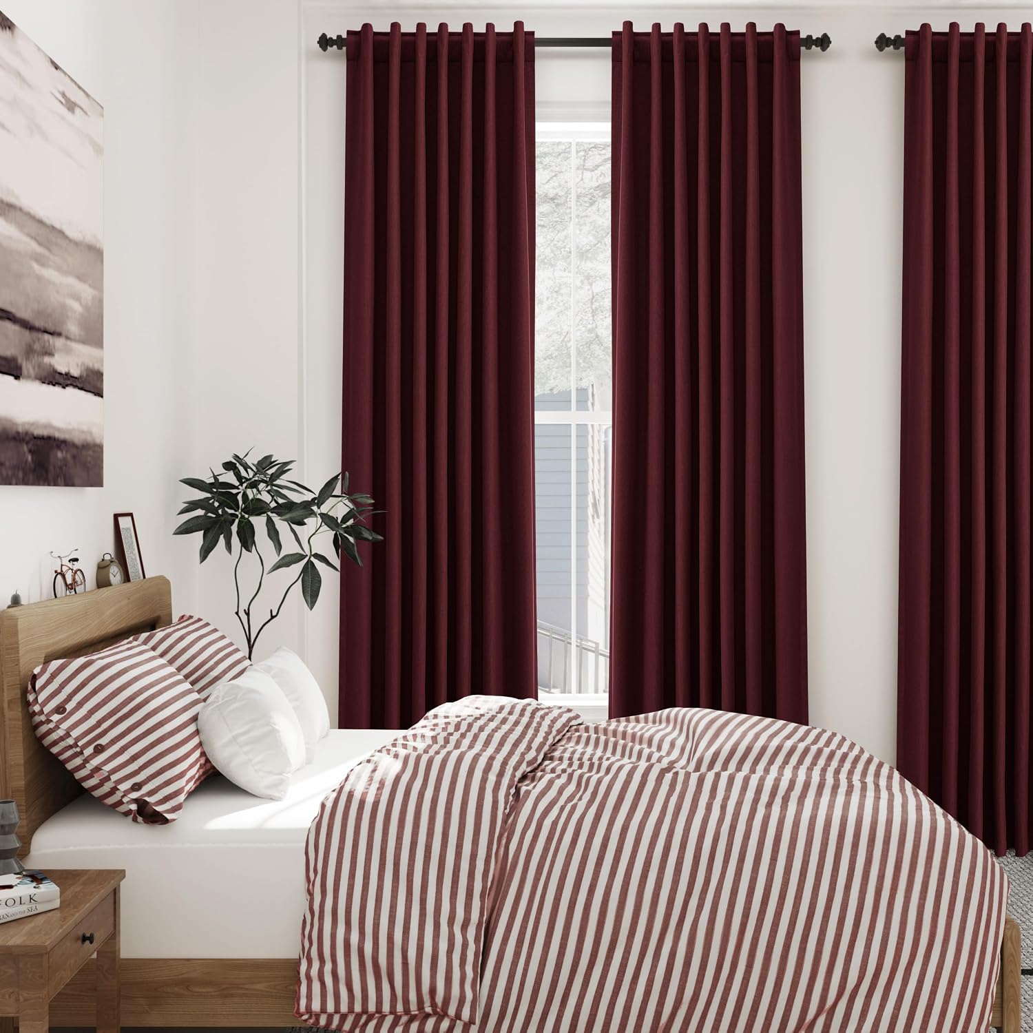 Nanspring Burgundy 100% Blackout Linen Curtains for Bedroom 90 Inches Long Back Tab Thermal Insulated Vintage Rustic Decor Black Out Curtai…