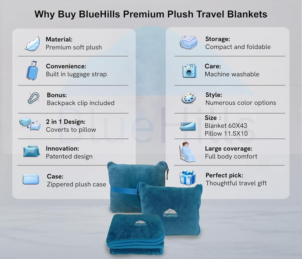 BlueHills Premium Soft Travel Blanket Pillow Airplane Blanket in Soft Bag case with Hand Luggage Belt and Carabiner Compact Pack Large…