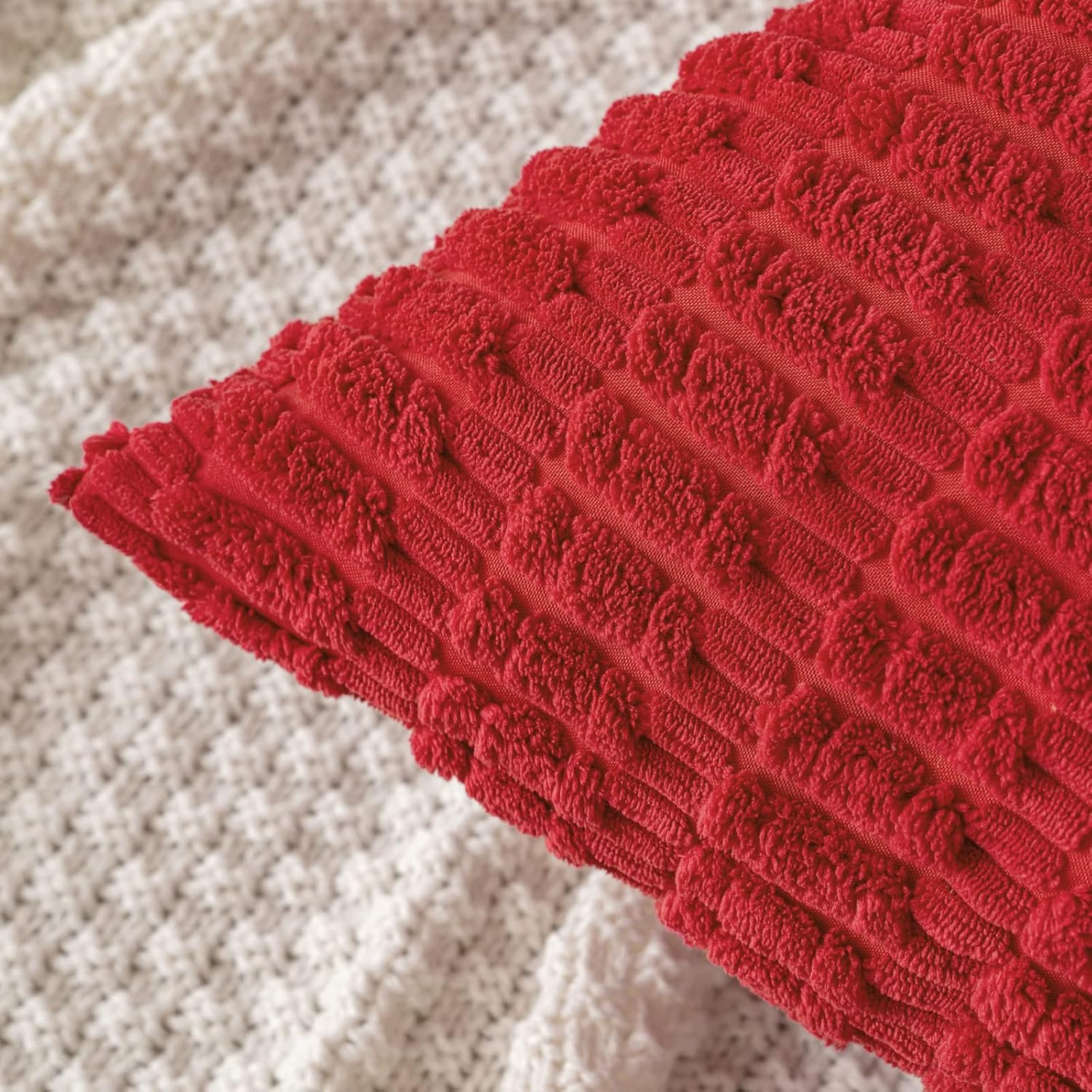Miulee Pack of 2 Red Corduroy Decorative Pillow Covers 18x18 Inch Soft Boho Striped Throw Pillow Covers Modern Farmhouse Home Decor for Sof…