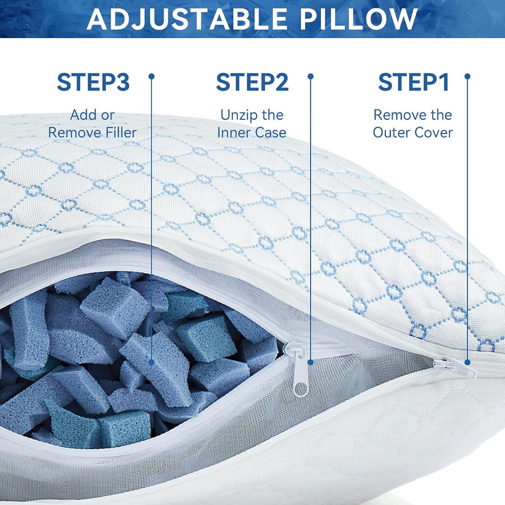 Yagamo Cooling Bed Pillows for Sleeping King Size Set of 2, Shredded Memory Foam Pillows for Bed 2Pack, Adjustable Cool Pillow for S…