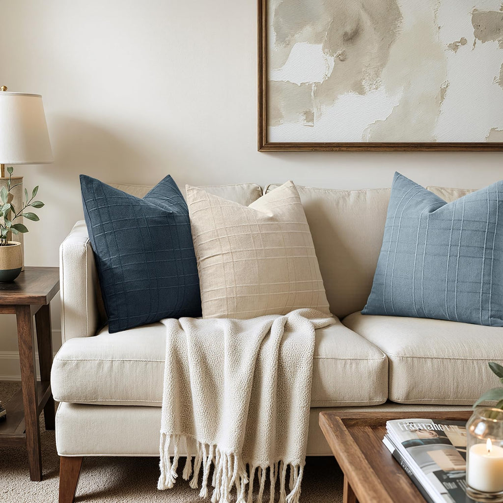 Miulee Decorative Linen Check Euro Shams Throw Pillow Covers Neutral Farmhouse Vintage Pillow Covers 24x24 Set of 2 Boho Modern Home Decor…