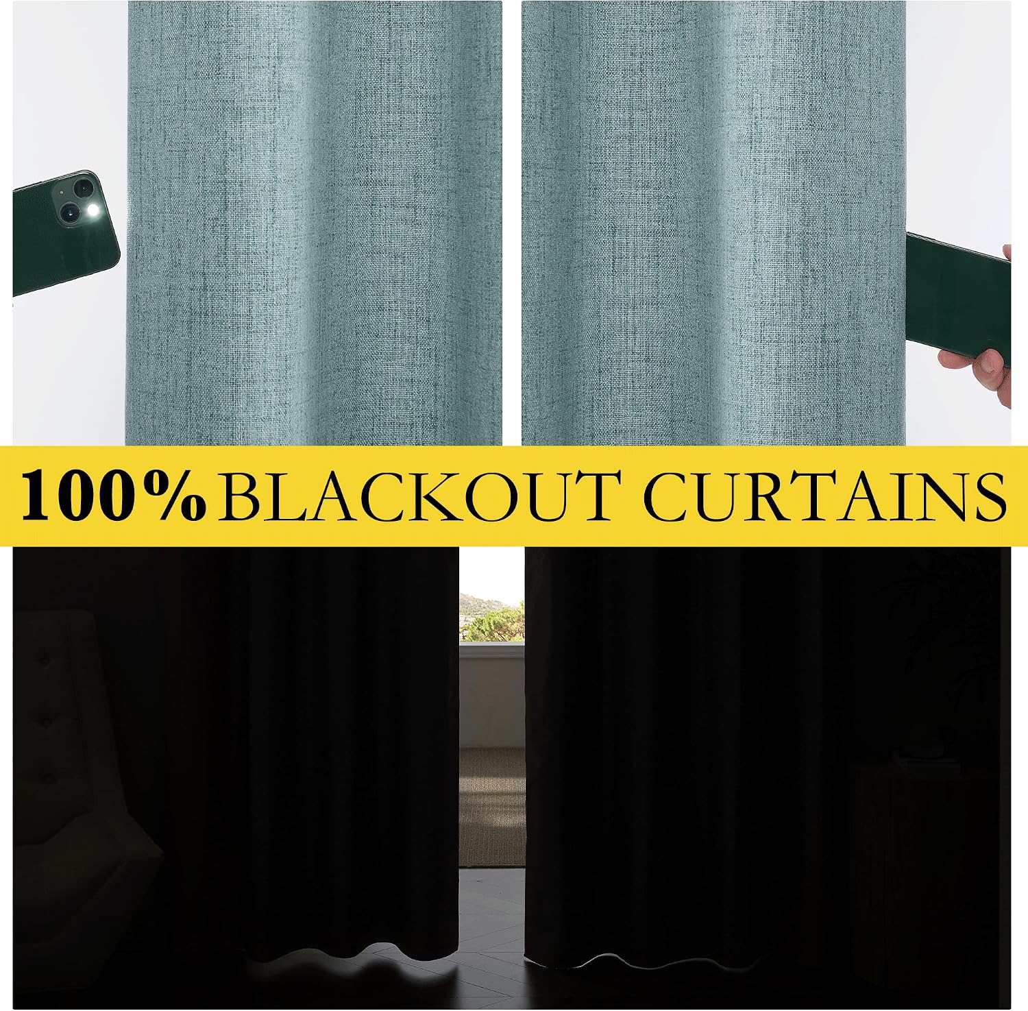 NICETOWN 100% Absolutely Blackout Linen Curtains with Thermal Insulated Liner, Skylark Blue, 62" Wide, 102" Length Energy Saving Curtains…