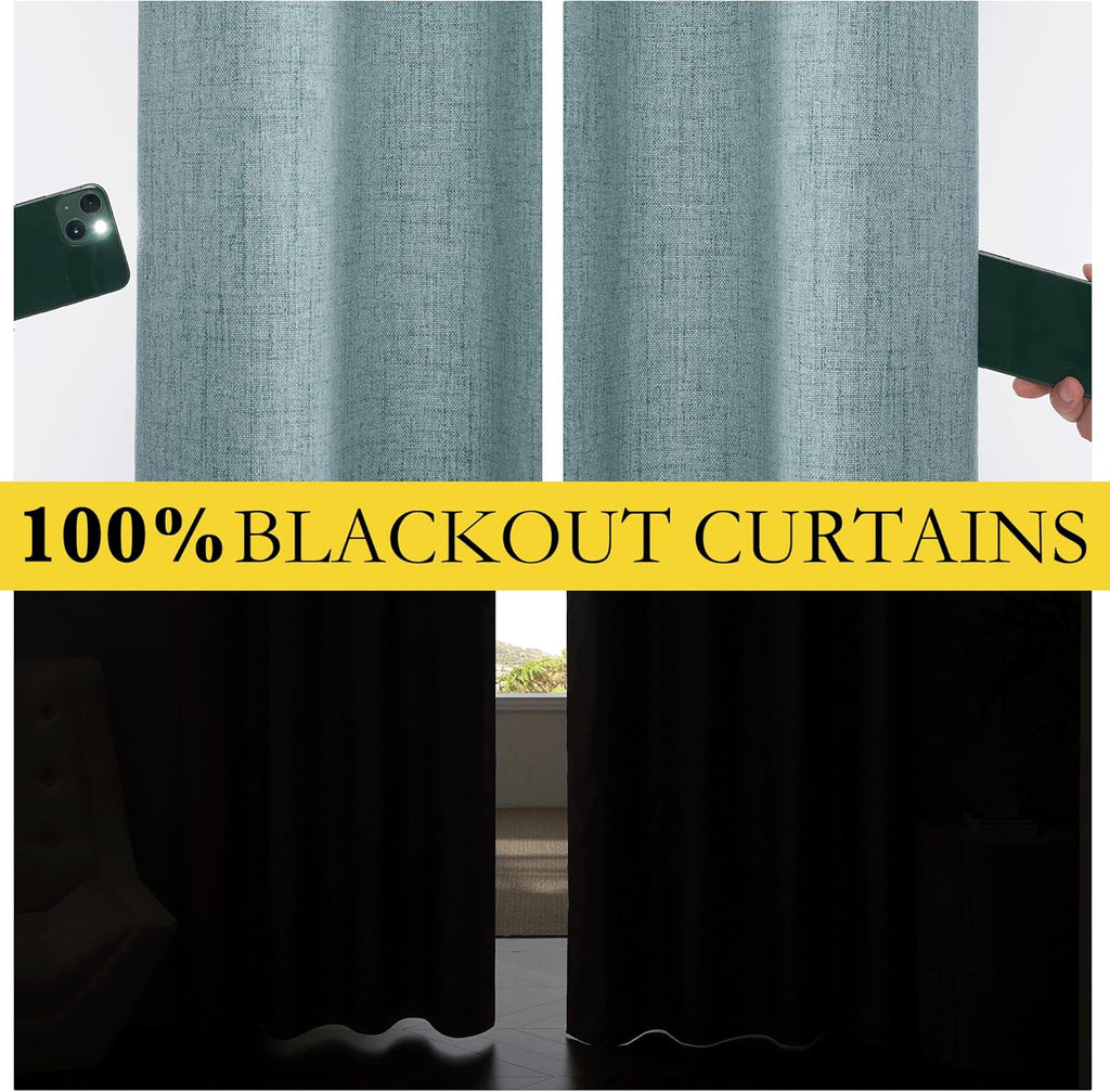 NICETOWN 100% Absolutely Blackout Linen Curtains with Thermal Insulated Liner, Skylark Blue, 52" Wide, 45" Length Energy Saving Curtains…