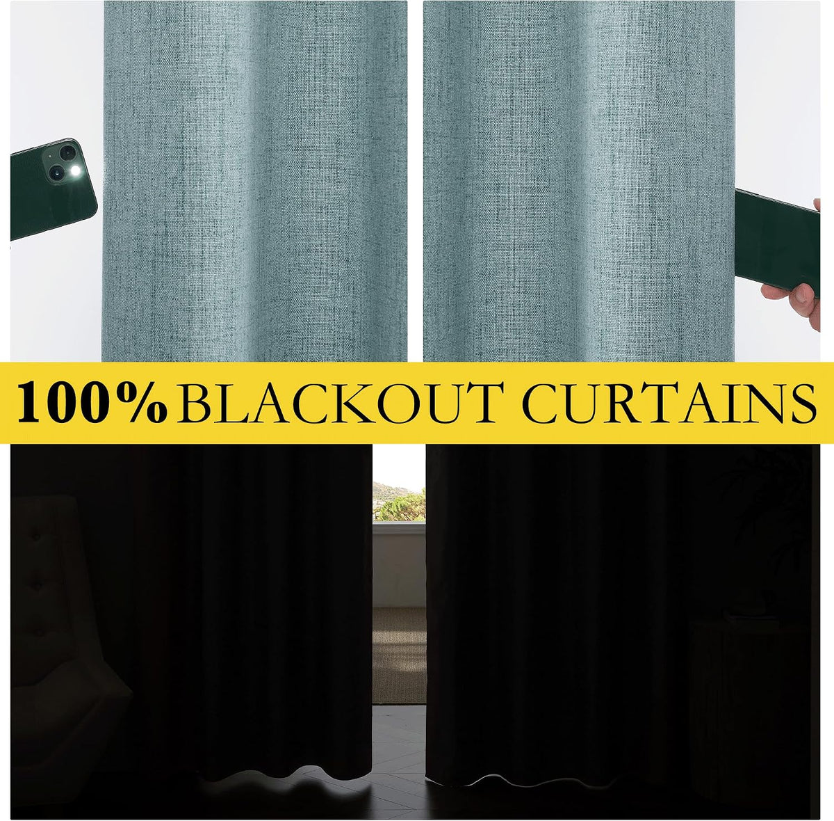 NICETOWN 100% Absolutely Blackout Linen Curtains with Thermal Insulated White Liner, Skylark Blue, 52" Wide, 108" Length Energy Saving…