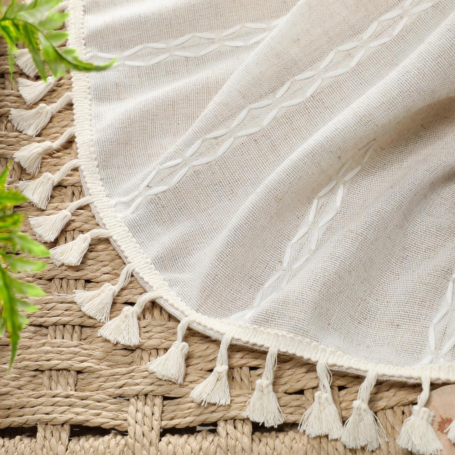 XOGUIBO Boho 80% Blackout Curtains with Gray Liner 84 Inches Long 2 Panels Set, Beige Linen Blend Drapes with Tassels and Cotton Emb…