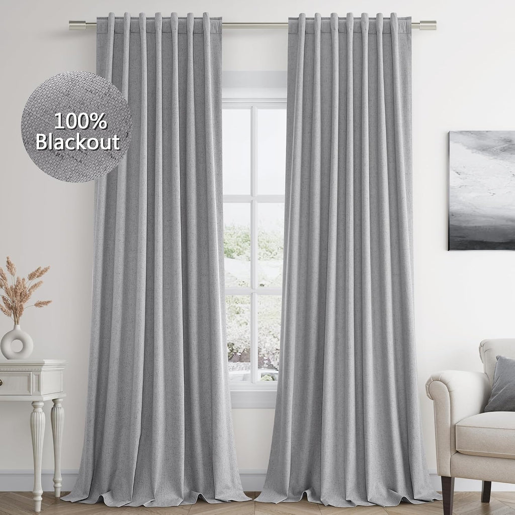 Guken Grey 100% Blackout Curtains 84 Inch Length 2 Panels Set for Living Room Bedroom Back Tab Thermal Insulated Black Out Linen Drapes Roo…