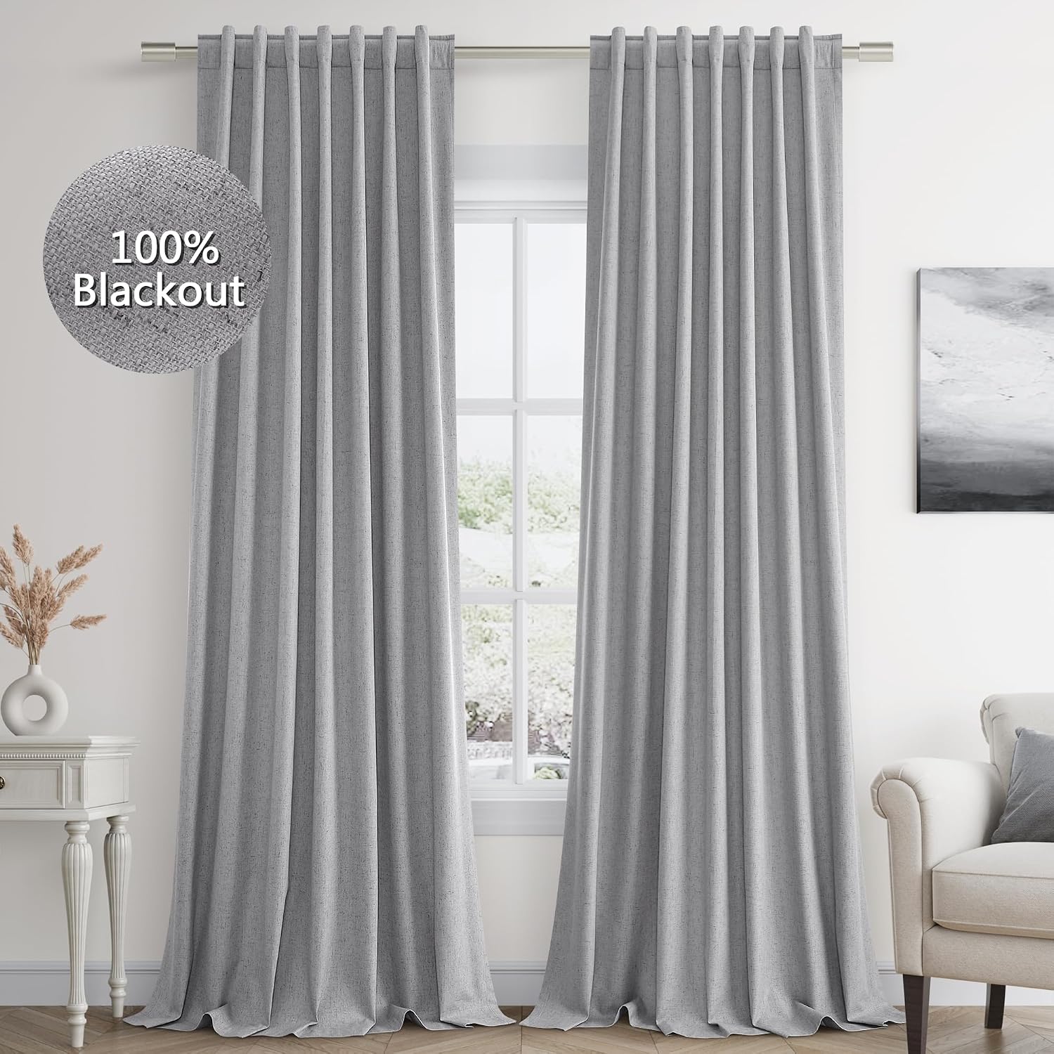 Guken Grey 100% Blackout Curtains 84 Inch Length 2 Panels Set for Living Room Bedroom Back Tab Thermal Insulated Black Out Linen Drapes Roo…