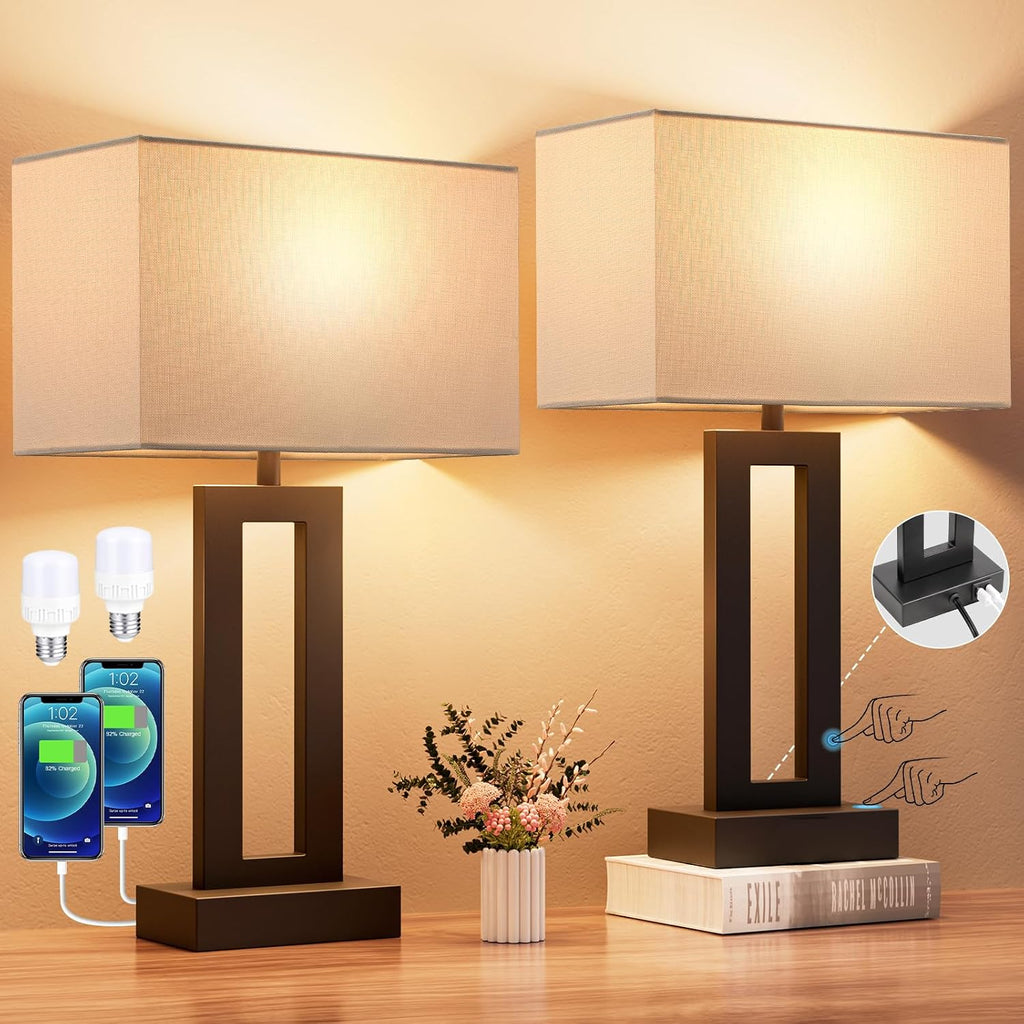 Nightstand Table Lamps for Bedrooms Set of 2 - Touch Bedside Lamp with USB C+A, 3 Way Dimmable Living Room Lamps for End Tables Set of 2…