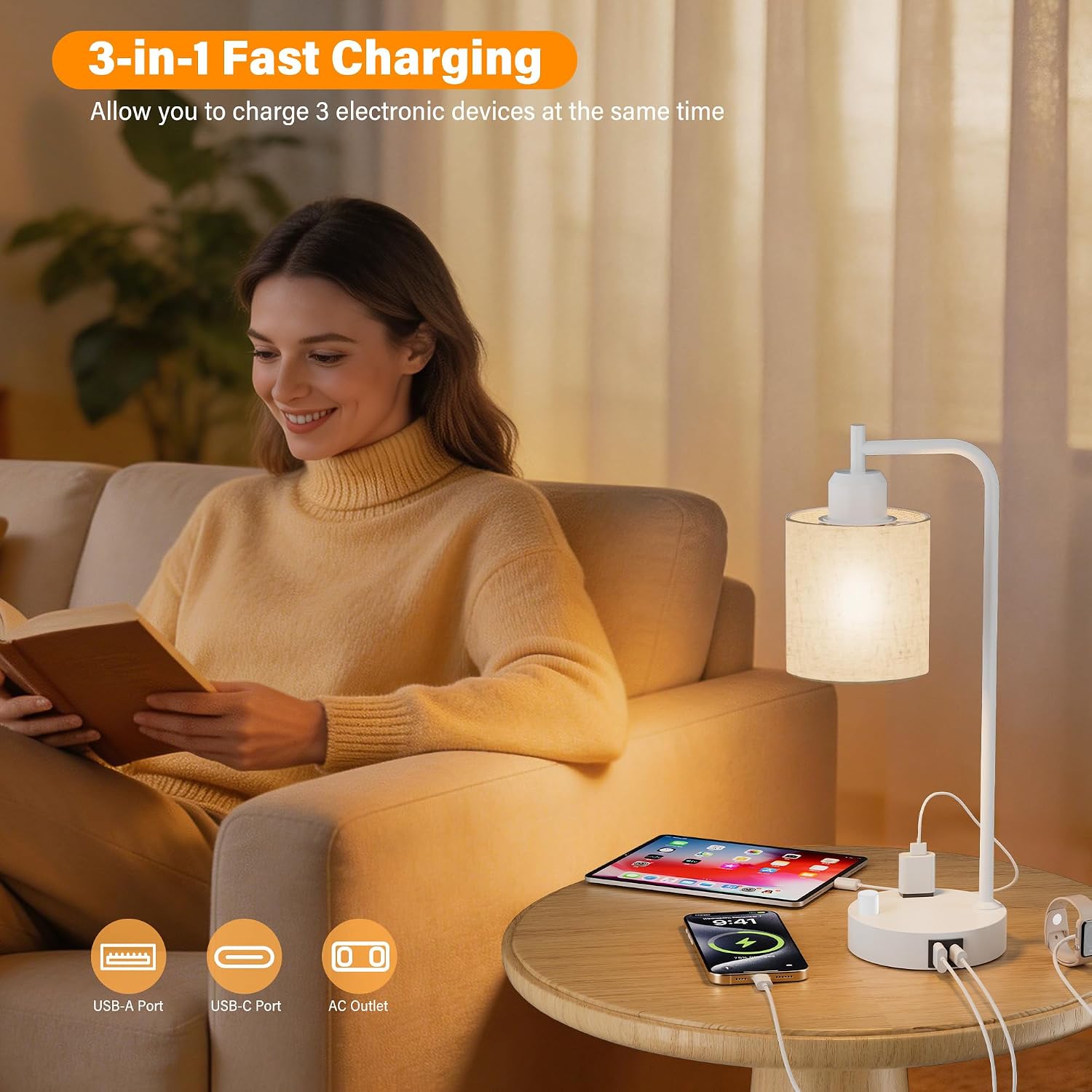 SIBRILLE Industrial Table Lamps with Linen Shade, Set of 2 Fully Dimmable Bedside Lamps with USB A+C Ports and Outlet, White Nightstand…