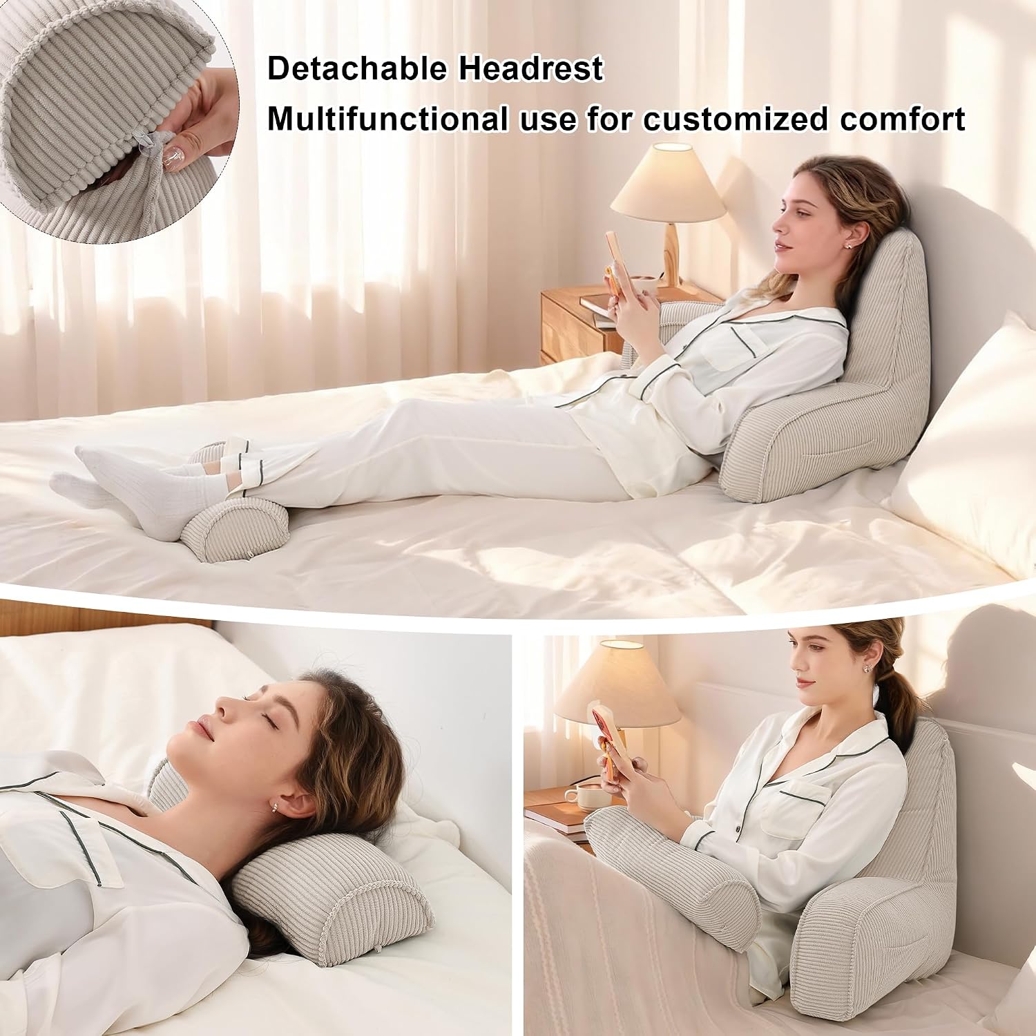 Ailuteie Reading Pillow for Sitting Up in Bed, Corduroy Backrest Pillow with Arms, Side Pocket & Washable Cover, Bed Rest Pillow Back Suppo…