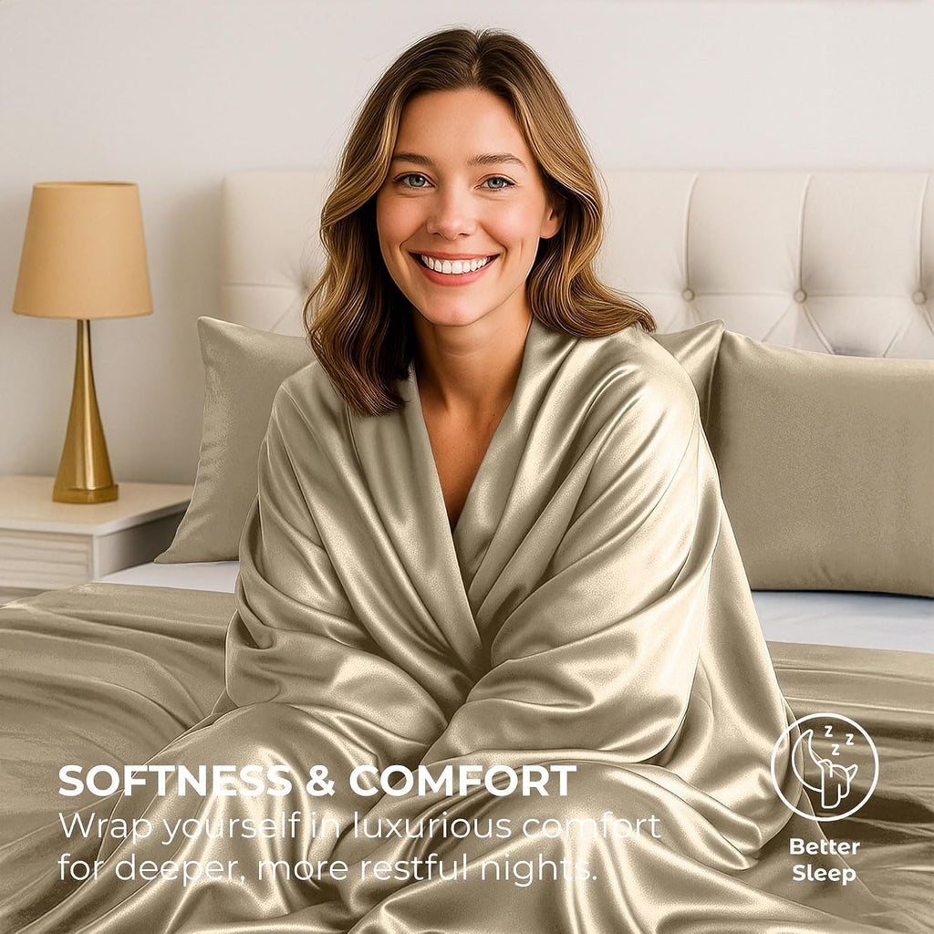 PureBedding Satin Sheets Full [4-Piece, Champagne Gold] Hotel Luxury Silky Bed Sheets - Extra Soft 1800 Microfiber Sheet Set, Wrinkle, Fade…