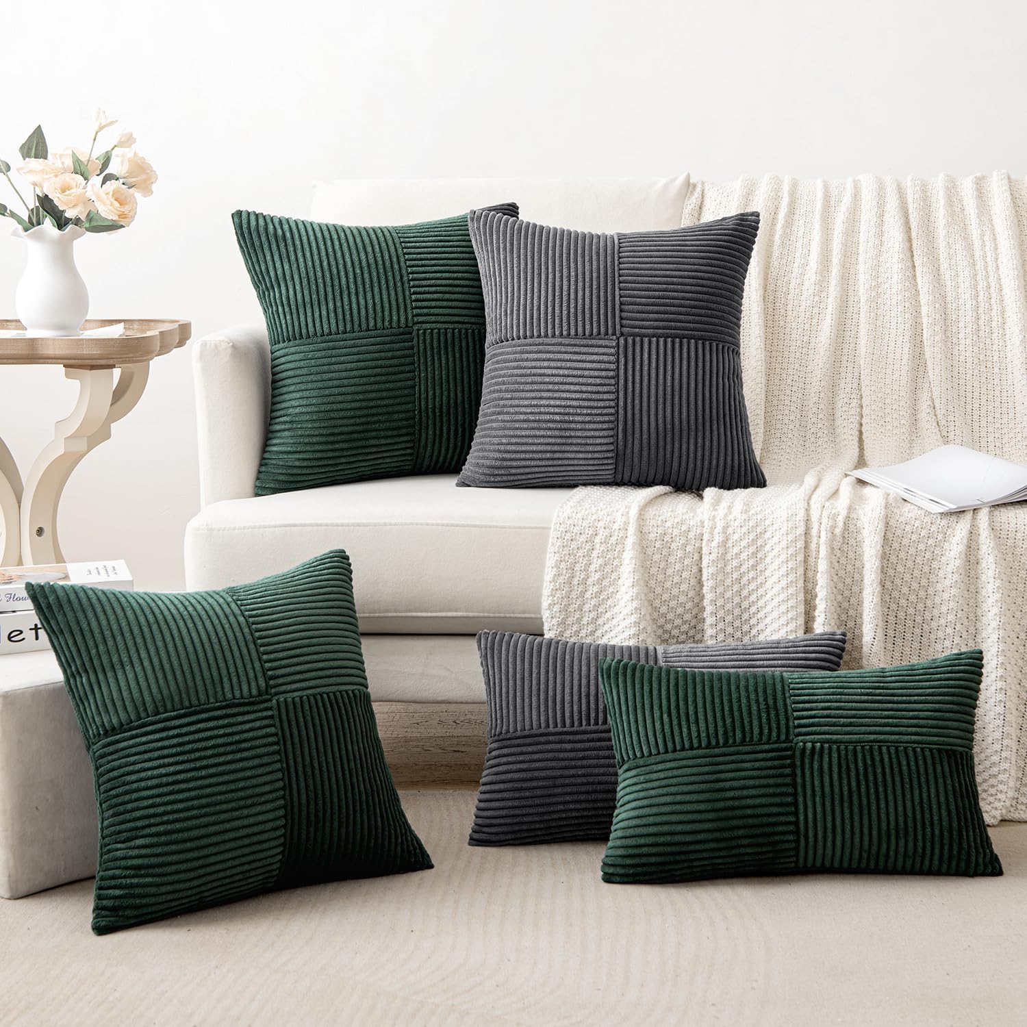 Miulee Army Green Decorative Throw Pillow Covers 18x18 Inch for Couch Bed Sofa Pack of 2 Boho Farmhouse Throw Pillows Soft Cross Corduroy P…