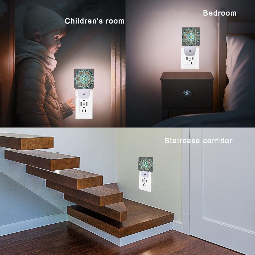 Mandala Floral Night Light, Yellow and Brown Ethnic Style Plug-in Night Lights with Dusk-to-Dawn Sensor for Stairway/Hallway/Bedroom Sleep…
