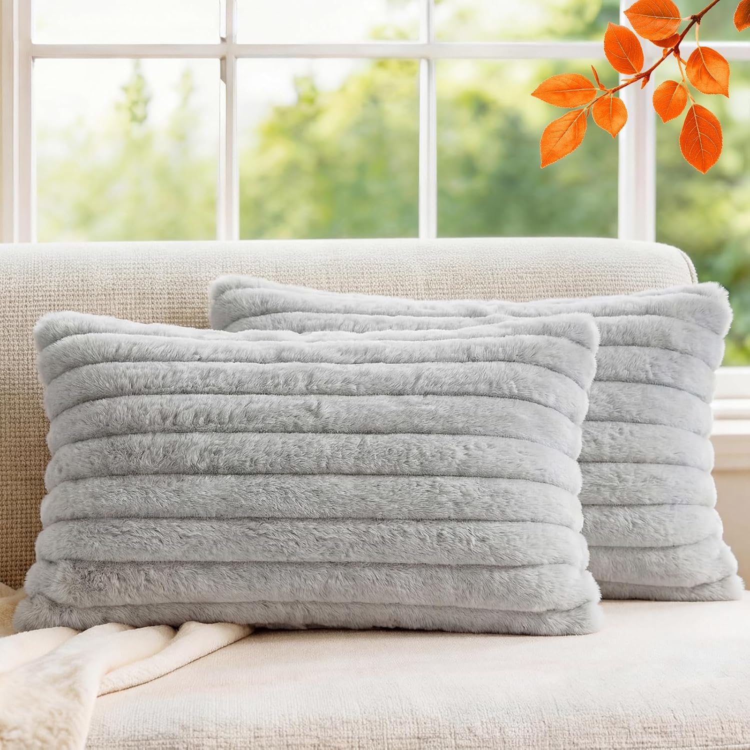 MEGAYES Pack of 2 Throw Pillow Covers 20x12 Decorative Solid Plush Faux Fur with Soft Velvet Back, Square Striped Cushion Cases Mode…