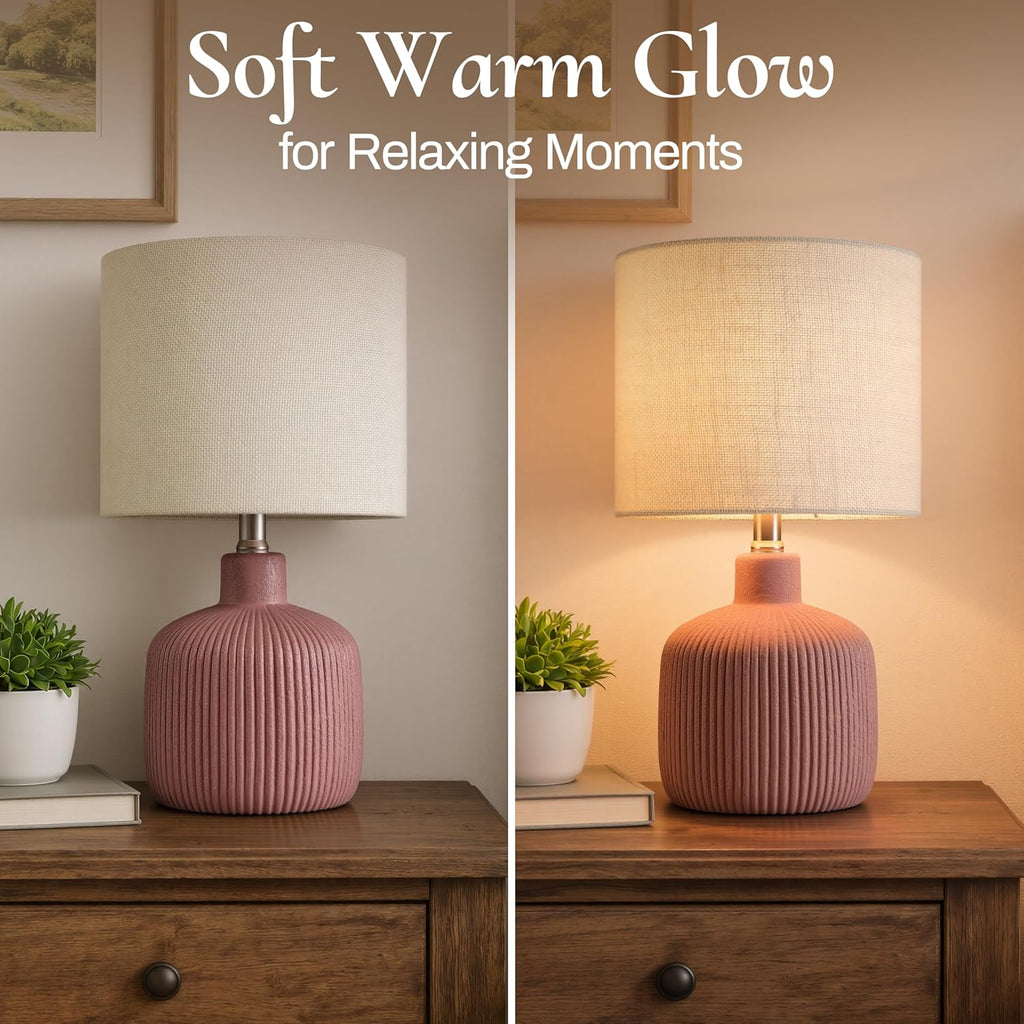 Ceramic Table Lamp, 17.75" Rustic Farmhouse Bedside Lamp with Beige Linen Shade, Warm Ambient Nightstand Lighting for Bedroom or Living…