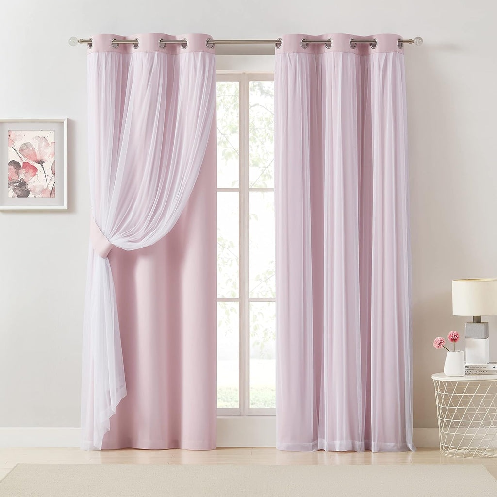 Bujasso Pink Blackout Curtains with Sheer Overlay Mix and Match Double Layer 80% Room Darkening Window Treatment Set for Girls Bedroom Livi…