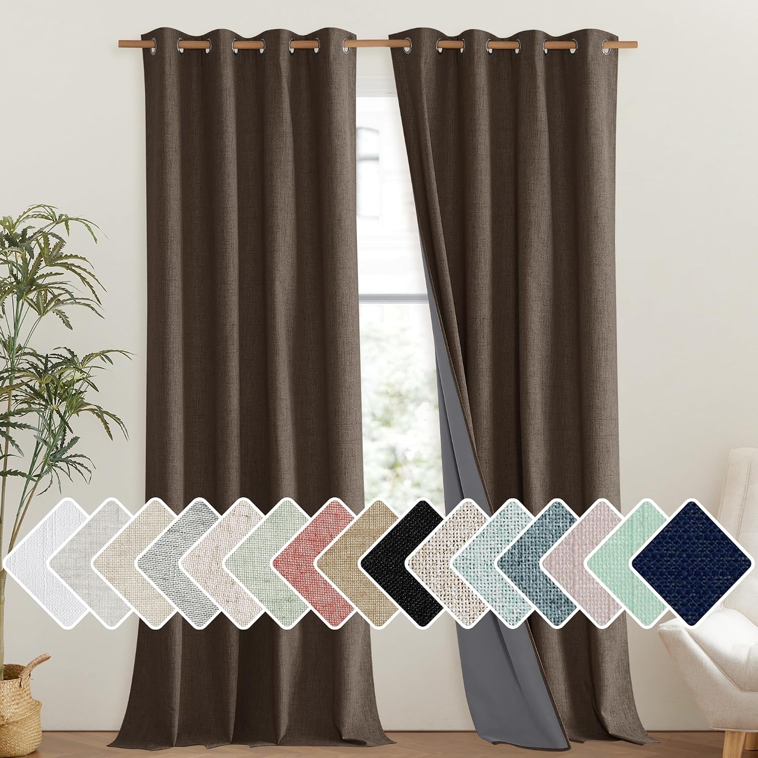 NICETOWN Coffee Vintage Linen 100% Blackout Curtains for Living Room, Thermal Insulated Curtains 95" Long, Noise Reducing Window…