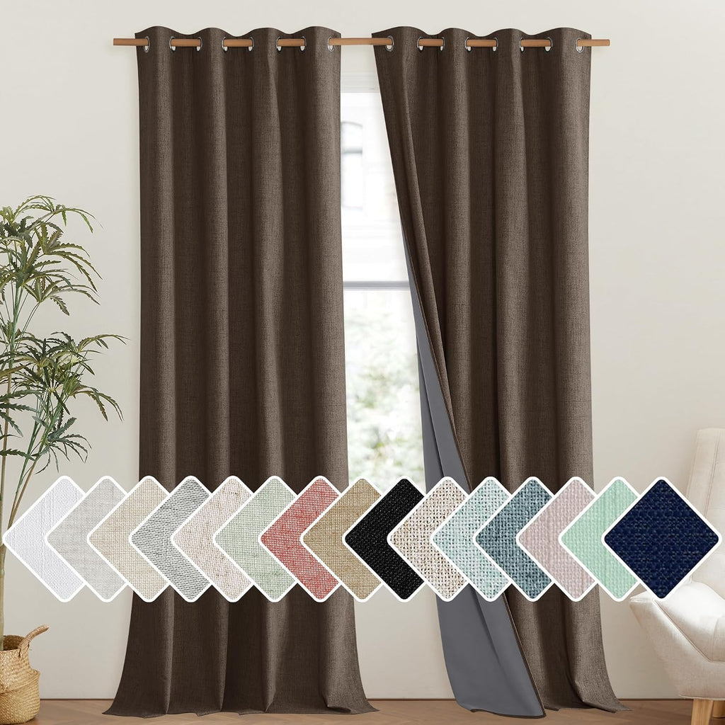 NICETOWN Coffee Vintage Linen 100% Blackout Curtains for Living Room, Thermal Insulated Curtains 120" Long, Noise Reducing Window…