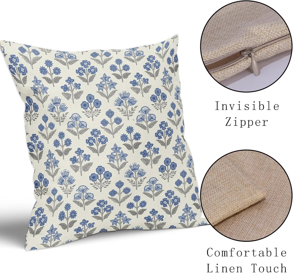 Blue Grey Gray Floral Pillow Covers 22x22 Inch Set of 2, Vintage Flower Block Print Pattern Decorative Throw Pillowcases Outdoor…