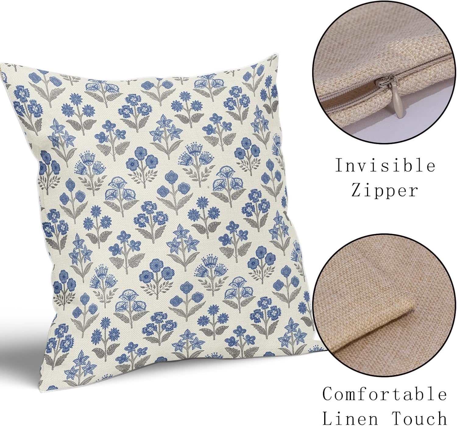 Blue Grey Gray Floral Pillow Covers 22x22 Inch Set of 2, Vintage Flower Block Print Pattern Decorative Throw Pillowcases Outdoor…