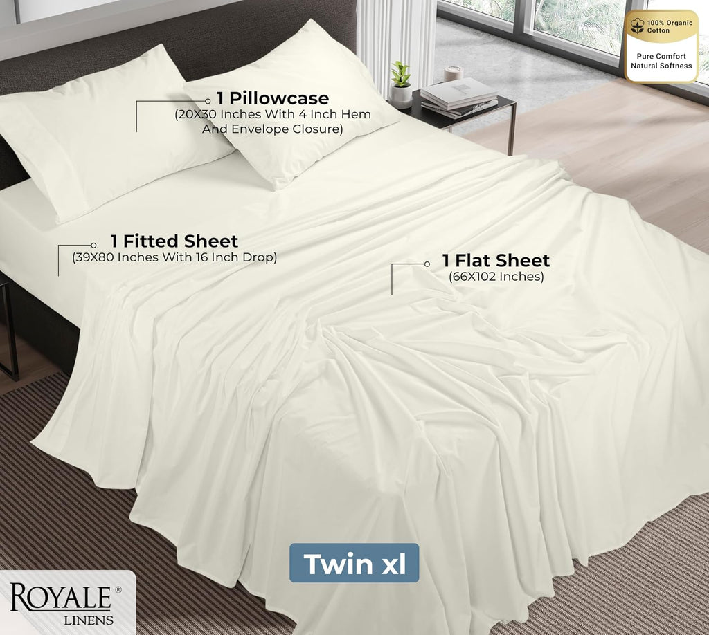 Royalelinens ROYALE LINENS 100% Organic Cotton Twin XL Sheet Set - Percale Weave - 3 Pieces Set - 1 Flat, 1 Deep Pocket Fitted Sheet and 1…