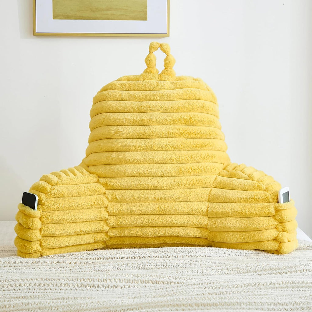 Memfydu Faux Fur Fluffy Yellow Reading Pillow with Pockets, Luxury Striped Plush Decorative, Arm Rests and Back Support for Bed Rest, Loung…