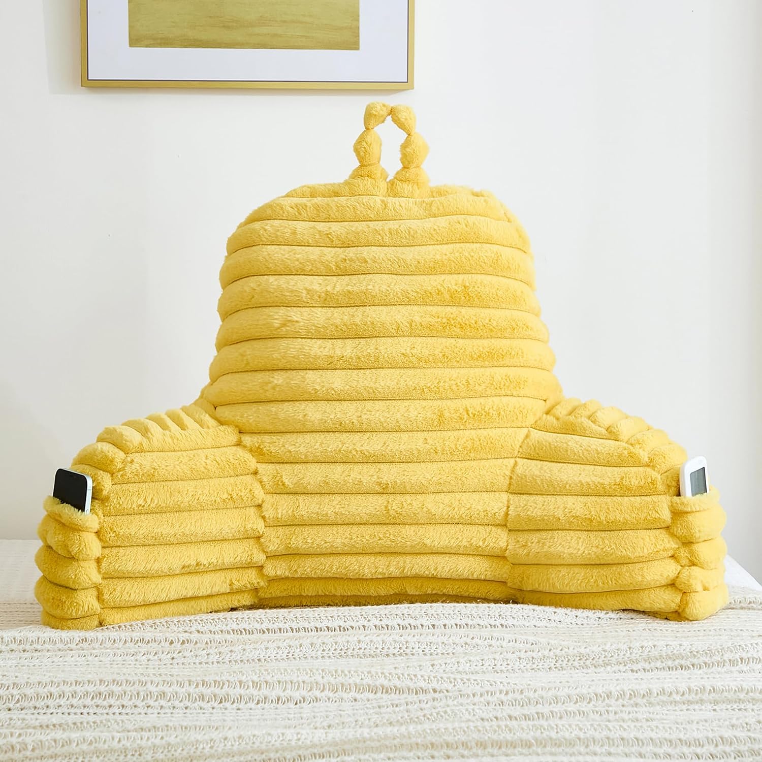 Memfydu Faux Fur Fluffy Yellow Reading Pillow with Pockets, Luxury Striped Plush Decorative, Arm Rests and Back Support for Bed Rest, Loung…