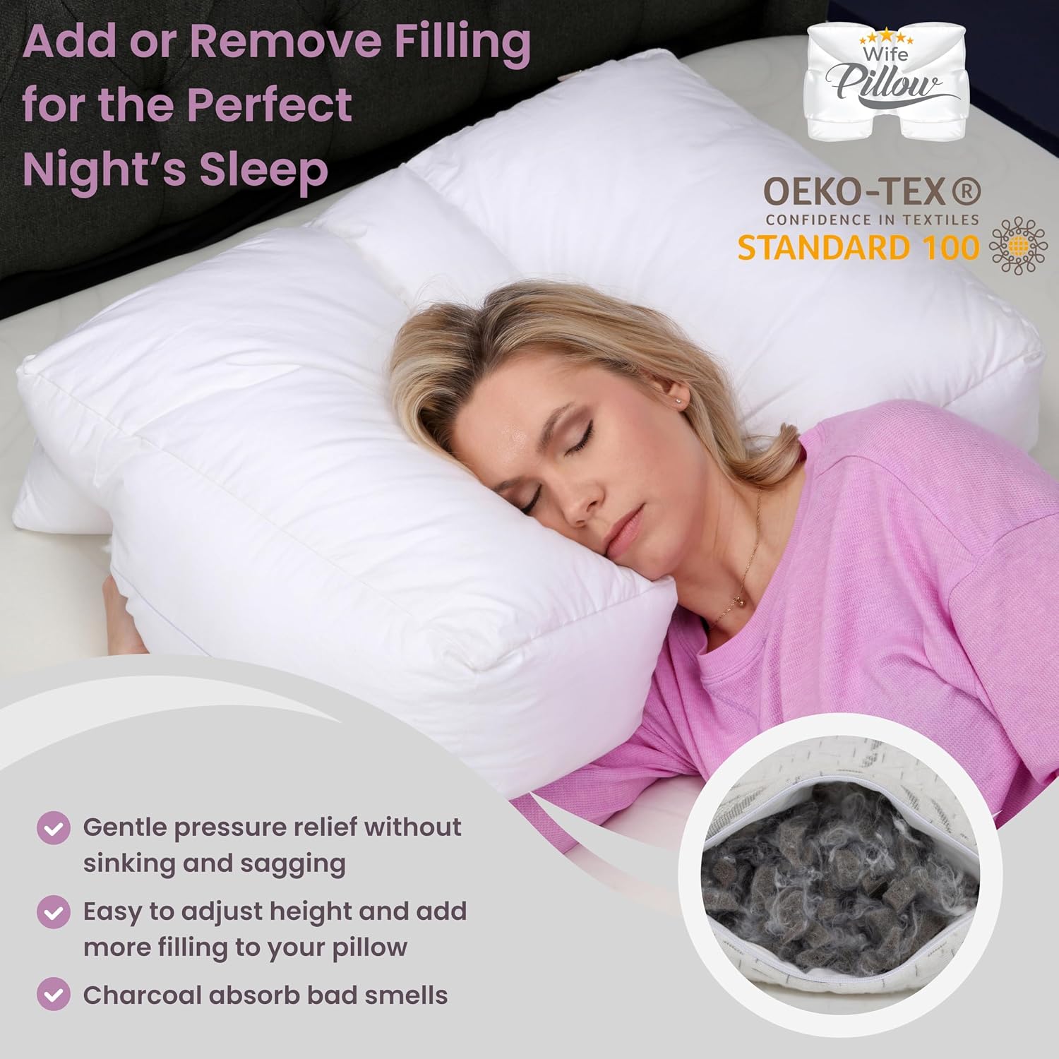 Wife Pillow - Charcoal Memory Foam, 1 LBS Extra Bag of Stuffing, Shredded Charcoal Infused Blended with Siliconized Fiberfill. Customize…