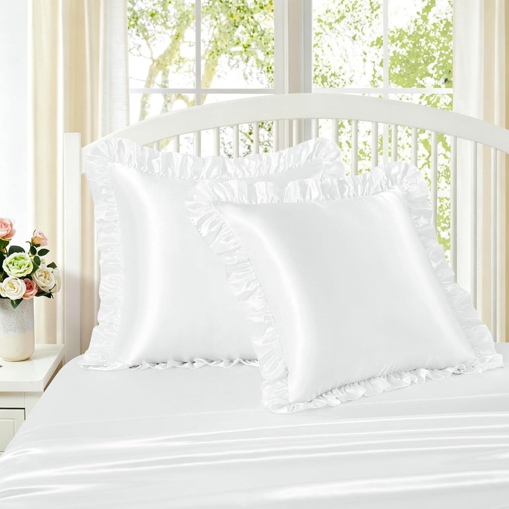 Homiest Ruffle Euro Sham Covers 26x26 Inch Set of 2, White Satin Pillow Shams with 3 Inch Wide Decorative Ruffled, European Square Satin…