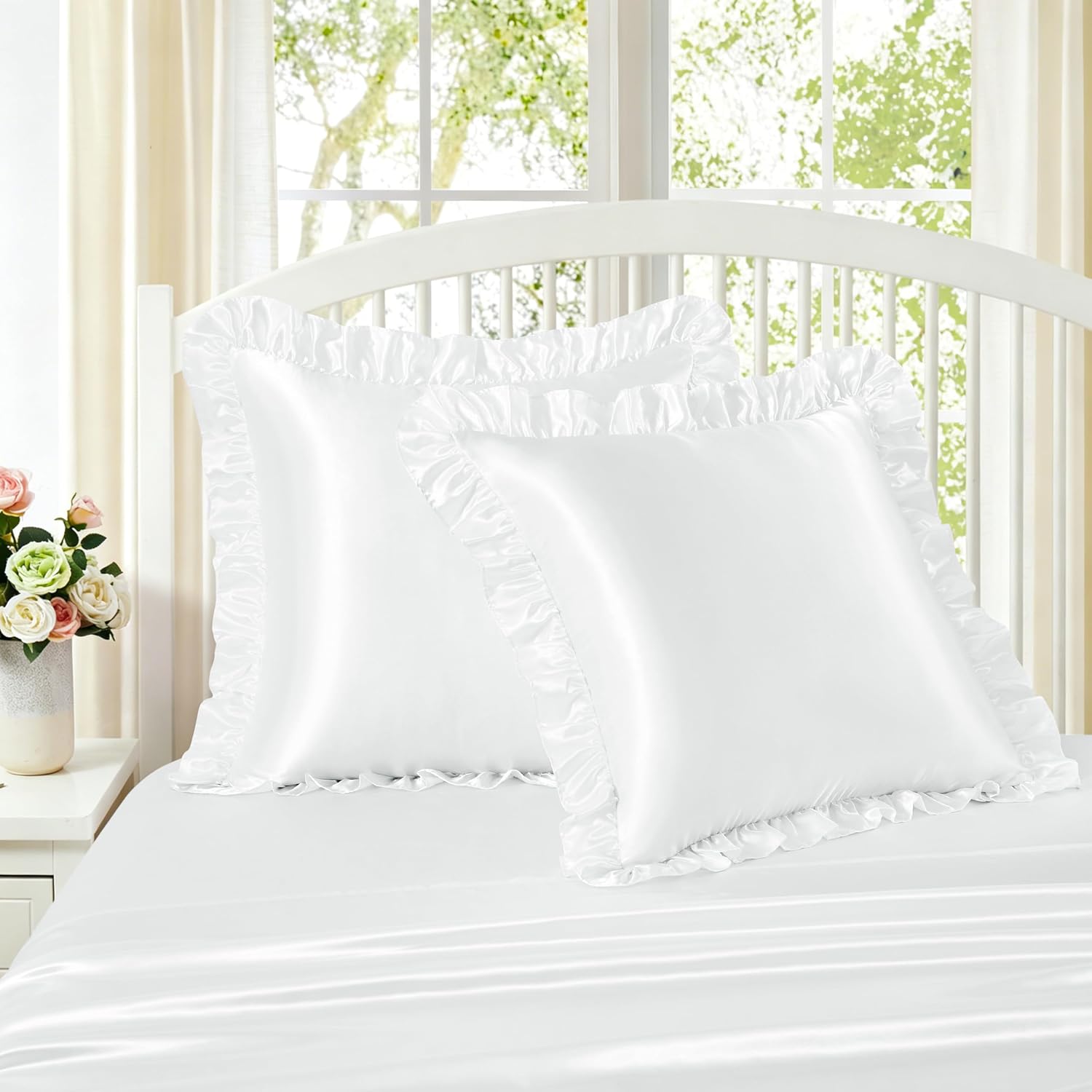 Homiest Ruffle Euro Sham Covers 26x26 Inch Set of 2, White Satin Pillow Shams with 3 Inch Wide Decorative Ruffled, European Square Satin…