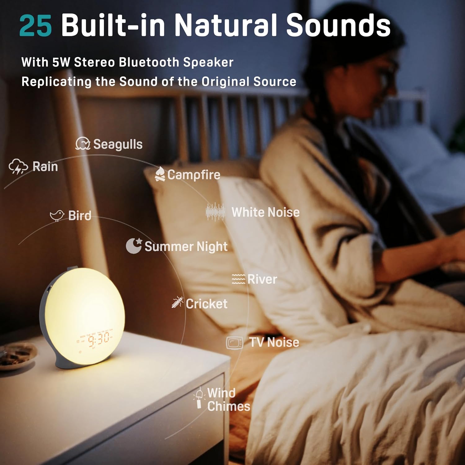 JALL Full Screen Sleep Sound Machine Sunrise Alarm Clock with 25 White Noise Nature Sounds, Wake Up Light for Bedrooms, Hi-Fi Bluetooth…